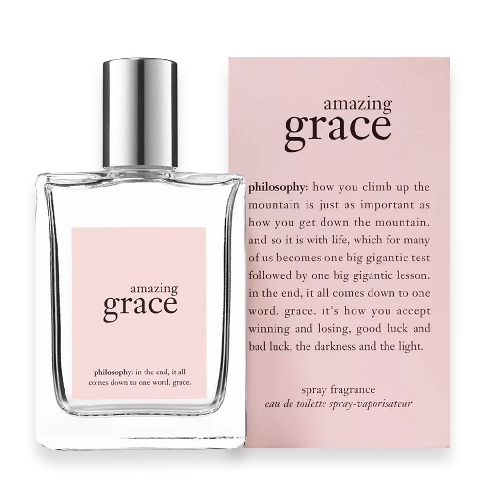 Amazing Grace by Philosophy | Clean Soft Floral Fragrance for Women » Scott Beauty Shop Bottle of Amazing Grace by Philosophy perfume featuring a simple, minimalist design with a white label