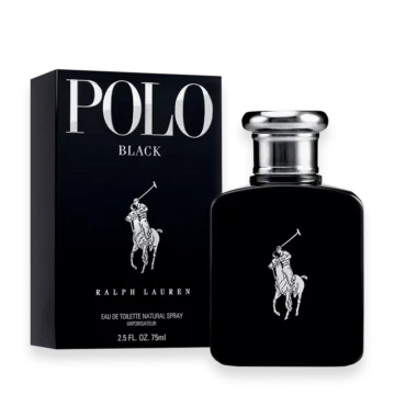 Bottle of Polo Black by Ralph Lauren featuring a sleek black design with silver accents