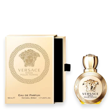Versace Eros Pour Femme – Elegant Citrus Floral Fragrance for Women » Scott Beauty Shop Versace Eros Pour Femme perfume bottle with gold design and Medusa emblem
