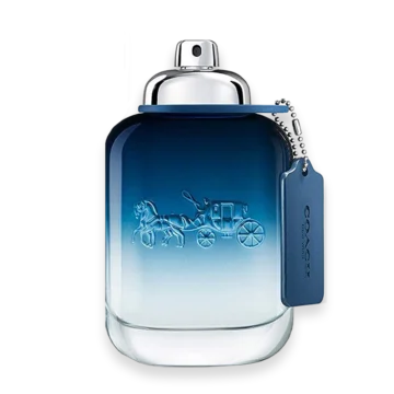 Bottle of Coach New York Blue perfume featuring a sleek blue design with a modern, masculine look