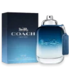 Bottle of Coach New York Blue perfume featuring a sleek blue design with a modern, masculine look