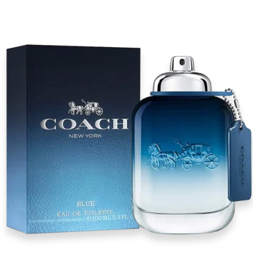 Bottle of Coach New York Blue perfume featuring a sleek blue design with a modern, masculine look