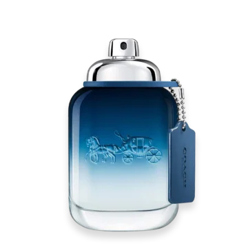 Bottle of Coach New York Blue perfume featuring a sleek blue design with a modern, masculine look