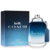 Bottle of Coach New York Blue perfume featuring a sleek blue design with a modern, masculine look