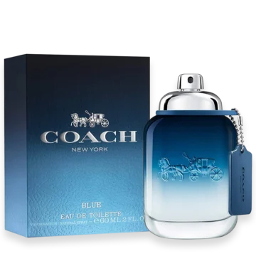 Bottle of Coach New York Blue perfume featuring a sleek blue design with a modern, masculine look