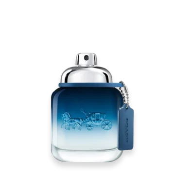Coach Blue Eau de Toilette cologne bottle with blue gradient glass and leather tag