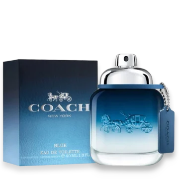 Coach Blue Eau de Toilette cologne bottle with blue gradient glass and leather tag