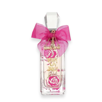 Juicy Couture Viva La Juicy perfume bottle with a bright pink bow and gold lettering