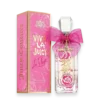 Juicy Couture Viva La Juicy La Fleur perfume bottle with pink box and pink bow, gold lettering, transparent glass showing pink liquid