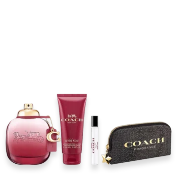 Coach Wild Rose gift set with spray, lotion, mini spray, and zip pouch