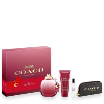 Coach Wild Rose 4-piece gift set with 3 oz spray, 3.3 oz lotion, mini spray, and pouch