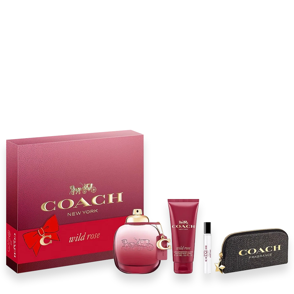 Wild Rose Eau de Parfum 4-Piece Gift Set » Scott Beauty Shop Coach Wild Rose 4-piece gift set with 3 oz spray, 3.3 oz lotion, mini spray, and pouch