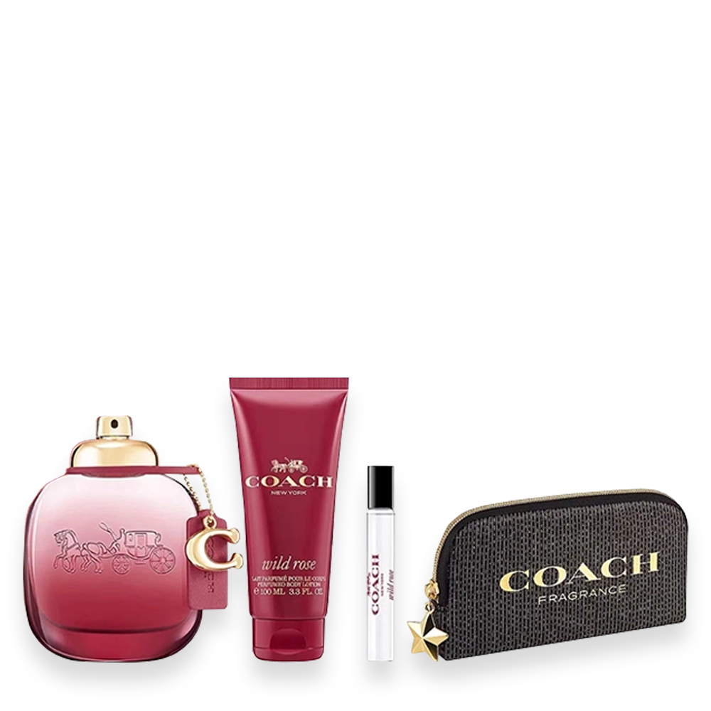 Wild Rose Eau de Parfum 4-Piece Gift Set » Scott Beauty Shop Coach Wild Rose gift set with spray, lotion, mini spray, and zip pouch