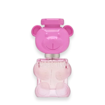 Pink Moschino bear perfume bottle with a bear-shaped head and pink translucent body