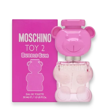 Pink Moschino Toy 2 Bubble Gum Eau de Toilette bottle in a bear shape beside a matching bright pink box, 30 ml.