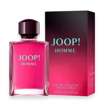 Joop Homme men's fragrance bottle with bright pink glass design