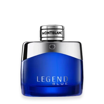 Montblanc Legend Blue fragrance bottle with cobalt blue glass and silver cap, showing the brand at the top and the word 'LEGEND BLUE' on the front.