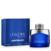 Montblanc Legend Blue perfume bottle and box in blue, with 'Legend Blue' and 'Montblanc' text visible on both.