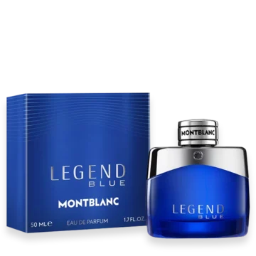 Montblanc Legend Blue perfume bottle and box in blue, with 'Legend Blue' and 'Montblanc' text visible on both.