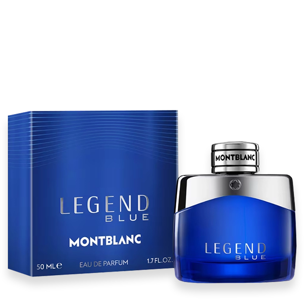 Legend Blue by Montblanc Eau de Parfum » Scott Beauty Shop Montblanc Legend Blue perfume bottle and box in blue, with 'Legend Blue' and 'Montblanc' text visible on both.