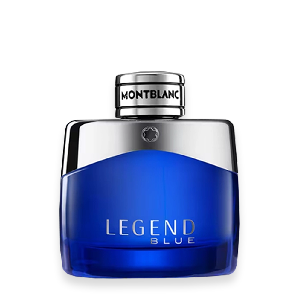 Legend Blue by Montblanc Eau de Parfum » Scott Beauty Shop Montblanc Legend Blue fragrance bottle with cobalt blue glass and silver cap, showing the brand at the top and the word 'LEGEND BLUE' on the front.