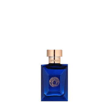 Miniature bottle of Versace Dylan Blue Pour Homme featuring deep blue glass with gold accents