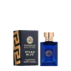Miniature bottle of Versace Dylan Blue Pour Homme featuring deep blue glass with gold accents
