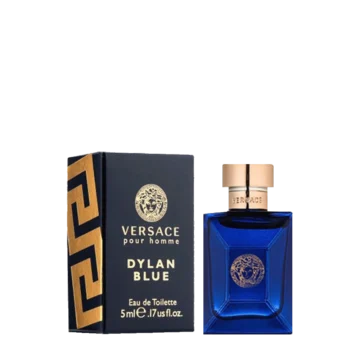 Miniature bottle of Versace Dylan Blue Pour Homme featuring deep blue glass with gold accents
