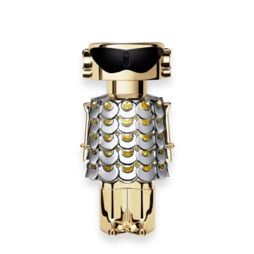 Paco Rabanne Fame perfume bottle with gold robot-inspired design
