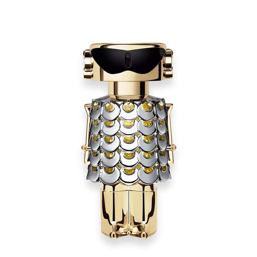 Paco Rabanne Fame Eau de Parfum » Scott Beauty Shop Paco Rabanne Fame perfume bottle with gold robot-inspired design