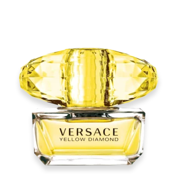 Bottle of Versace Yellow Diamond featuring bright yellow glass with a faceted diamond-like cap