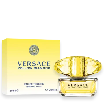 Bottle of Versace Yellow Diamond featuring bright yellow glass with a faceted diamond-like cap