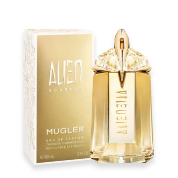Mugler Alien Goddess Eau de Parfum bottle with golden sun-inspired design