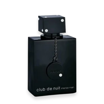 Black perfume box with a bottle pendant and “club de nuit intense man” text on the front; ARMAF fragrance packaging.
