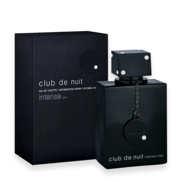 Black rectangular perfume bottle with a square cap and a hanging round pendant, placed next to a dark matching box labeled 'club de nuit intense man'.