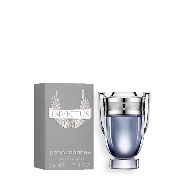 Invictus by Paco Rabanne Miniature | Fresh Aquatic Woody Travel-Size Fragrance » Scott Beauty Shop Miniature bottle of Invictus by Paco Rabanne featuring the iconic trophy-shaped design