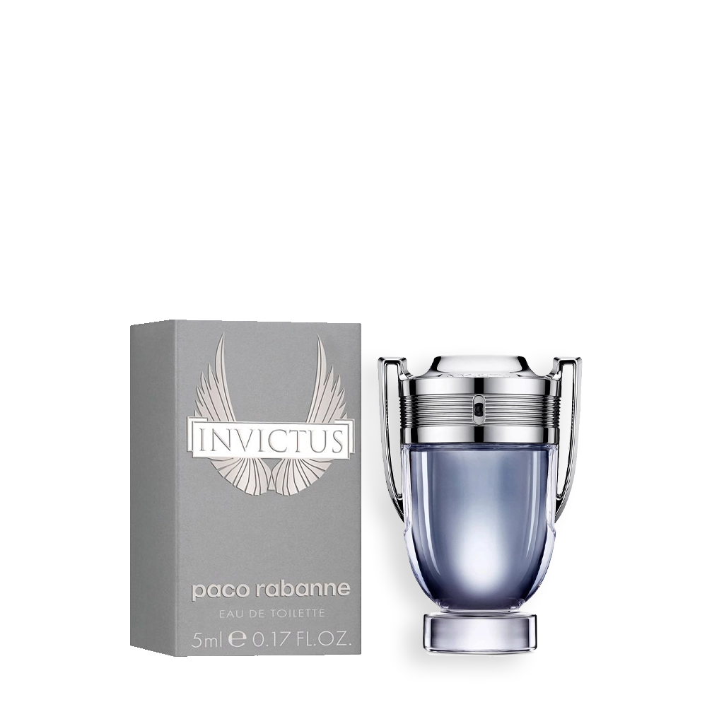 Invictus by Paco Rabanne Miniature | Fresh Aquatic Woody Travel-Size Fragrance » Scott Beauty Shop Miniature bottle of Invictus by Paco Rabanne featuring the iconic trophy-shaped design