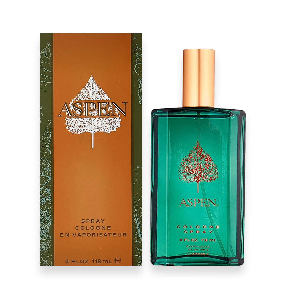 Aspen For Men by Coty – Fresh Woody Aromatic Cologne » Scott Beauty Shop Aspen For Men by Coty cologne bottle with green pine tree logo