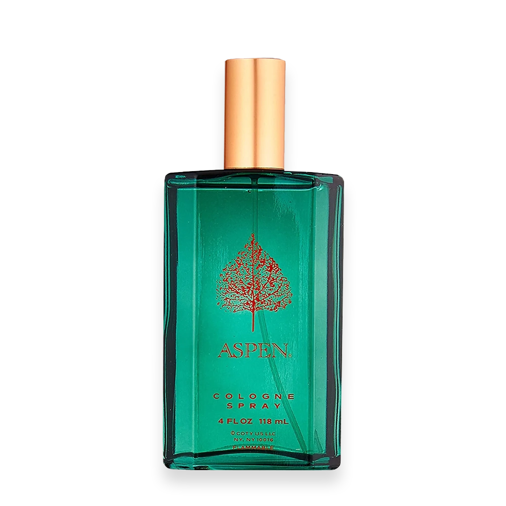 Aspen For Men by Coty – Fresh Woody Aromatic Cologne » Scott Beauty Shop Aspen For Men by Coty cologne bottle with green pine tree logo