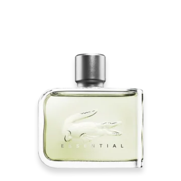 Lacoste Essential Eau de Toilette for Men » Scott Beauty Shop Perfume bottle with a silver cap and pale yellow liquid, Lacoste crocodile logo, word 'ESSENTIAL' on the label