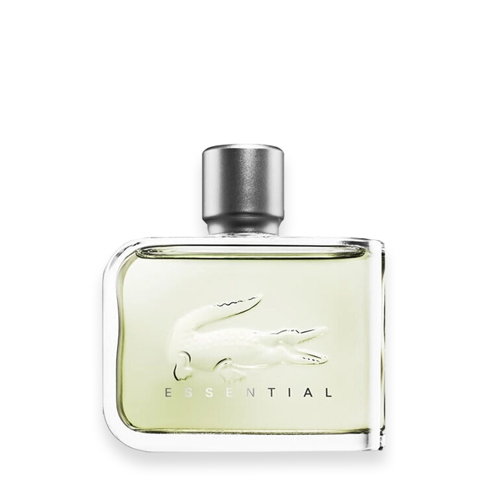 Lacoste Essential Eau de Toilette for Men » Scott Beauty Shop Perfume bottle with a silver cap and pale yellow liquid, Lacoste crocodile logo, word 'ESSENTIAL' on the label