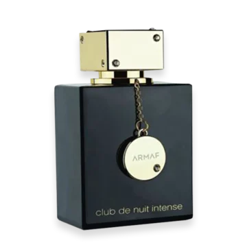 perfume bottle with a dark rectangular body and a gold cap, labeled 'club de nuit intense' by ARMAF