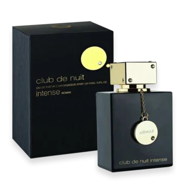 Armaf Club de Nuit Intense perfume bottle beside its dark box.