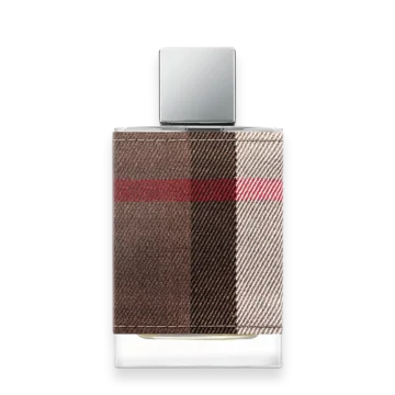 Perfume bottle with a brown-beige plaid pattern and a silver square cap.