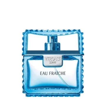 Bottle of Versace Man Eau Fraiche featuring light blue glass with gold accents and sleek masculine design
