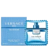 Bottle of Versace Man Eau Fraiche featuring light blue glass with gold accents and sleek masculine design
