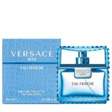 Bottle of Versace Man Eau Fraiche featuring light blue glass with gold accents and sleek masculine design