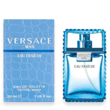 Versace Man Eau Fraîche – Fresh Aquatic Citrus Fragrance for Men » Scott Beauty Shop Versace Man Eau Fraiche perfume bottle with light blue glass and Medusa emblem