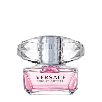 Bottle of Versace Bright Crystal perfume featuring a clear pink design with a faceted crystal-like cap