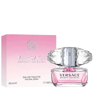 Bottle of Versace Bright Crystal perfume featuring a clear pink design with a faceted crystal-like cap